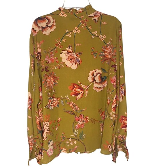 Gibson + Latimer Blouse Womens XL Green Floral Ruffle Cuff Mock Neck Boho Top - Picture 4 of 15